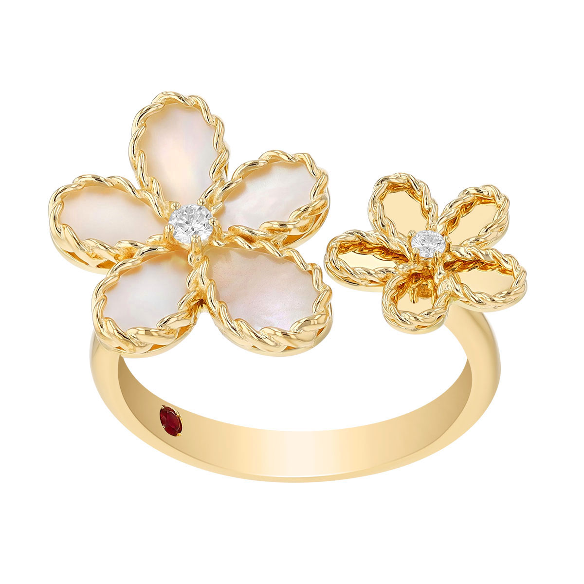 Roberto Coin Jasmine Mother of Pearl & Diamond Double Flower Bypass Ring in Yellow Gold
