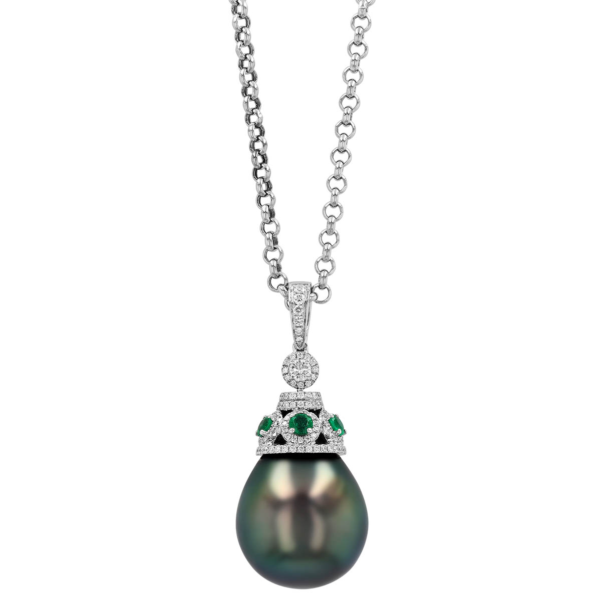 TARA Pearls Tahitian South Sea Cultured Pearl, Emerald, & Diamond Pendant in White Gold, 18