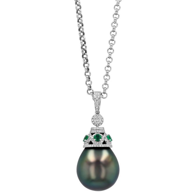 TARA Pearls Tahitian South Sea Cultured Pearl, Emerald, & Diamond Pendant in White Gold, 18"