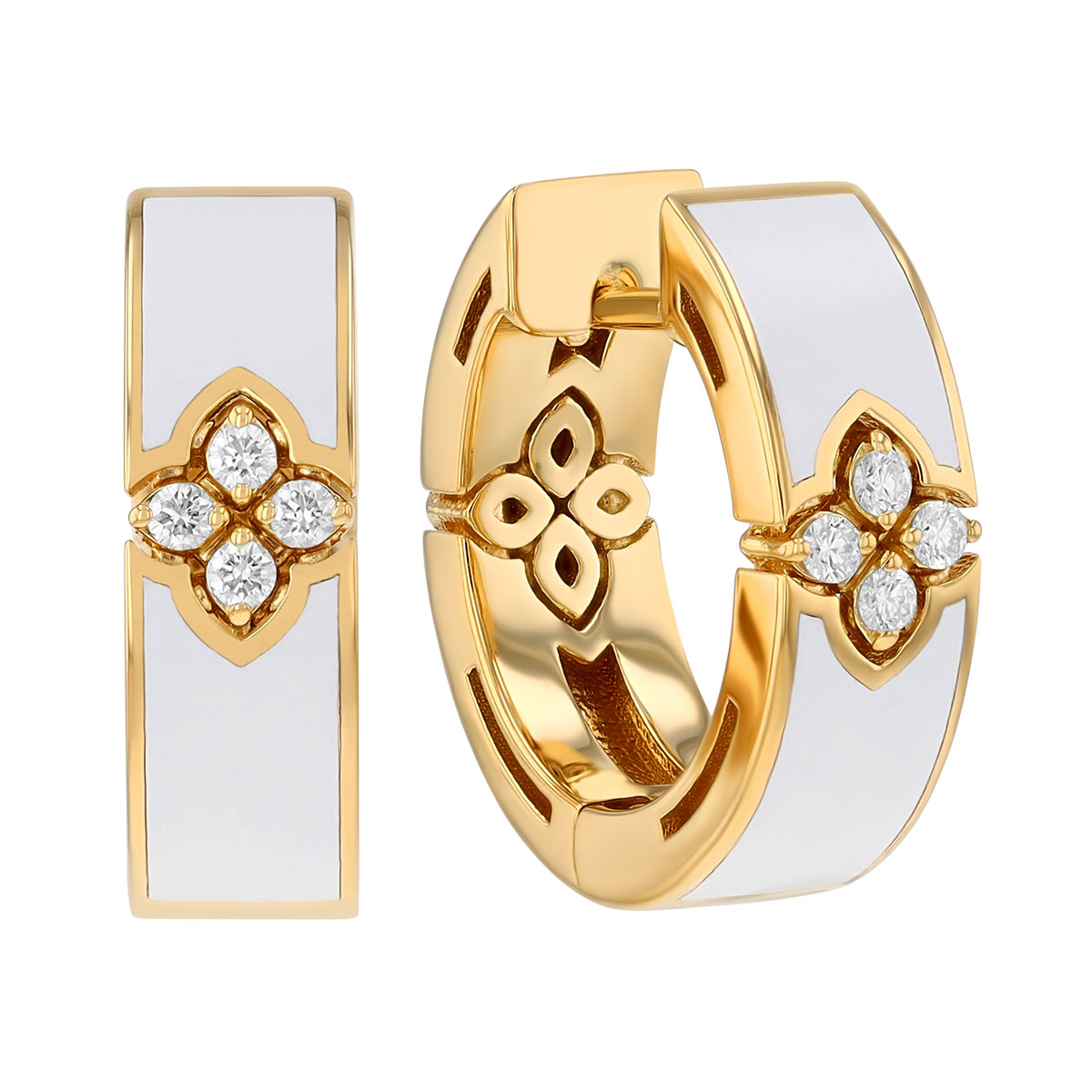 Roberto Coin Love in Verona Diamond & White Enamel Huggie Hoop Earrings in Yellow Gold