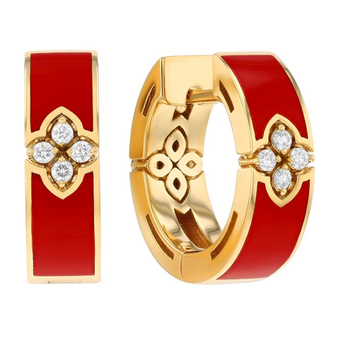 Roberto Coin Love in Verona Diamond & Pink Enamel Huggie Hoop Earrings in Yellow Gold