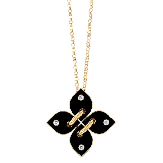 Roberto Coin Venetian Princess Black Enamel & Diamond Flower Pendant in Yellow Gold, 18"