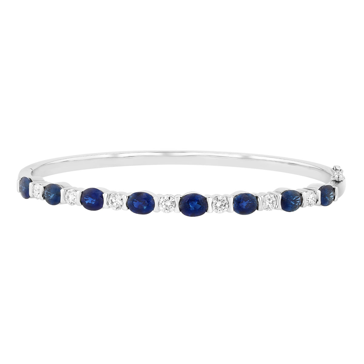 Split Bezel Oval Sapphire & Round Diamond Bangle Bracelet in White Gold