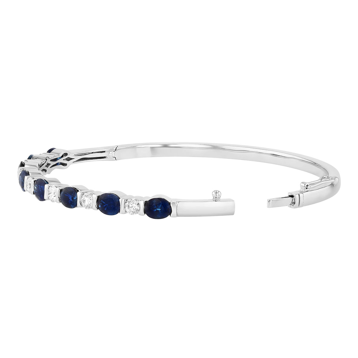 Split Bezel Oval Sapphire & Round Diamond Bangle Bracelet in White Gold