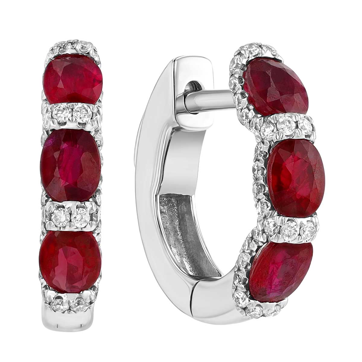 Oval Ruby & Diamond Halo Huggie Hoop Earrings in White Gold