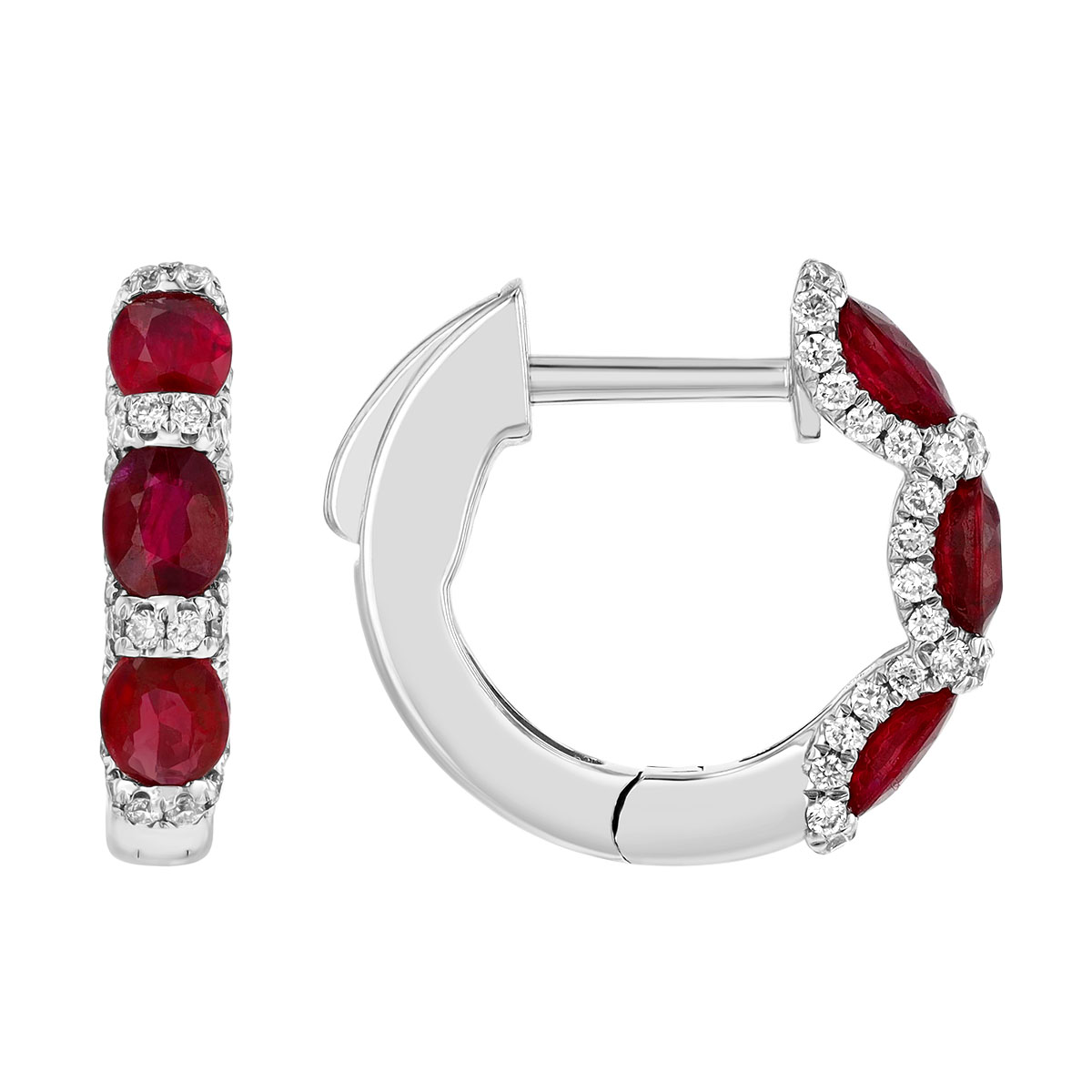 Oval Ruby & Diamond Halo Huggie Hoop Earrings in White Gold