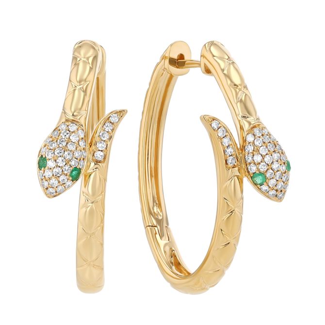 Diamond & Emerald Snake Hoop Earrings in Yellow Gold