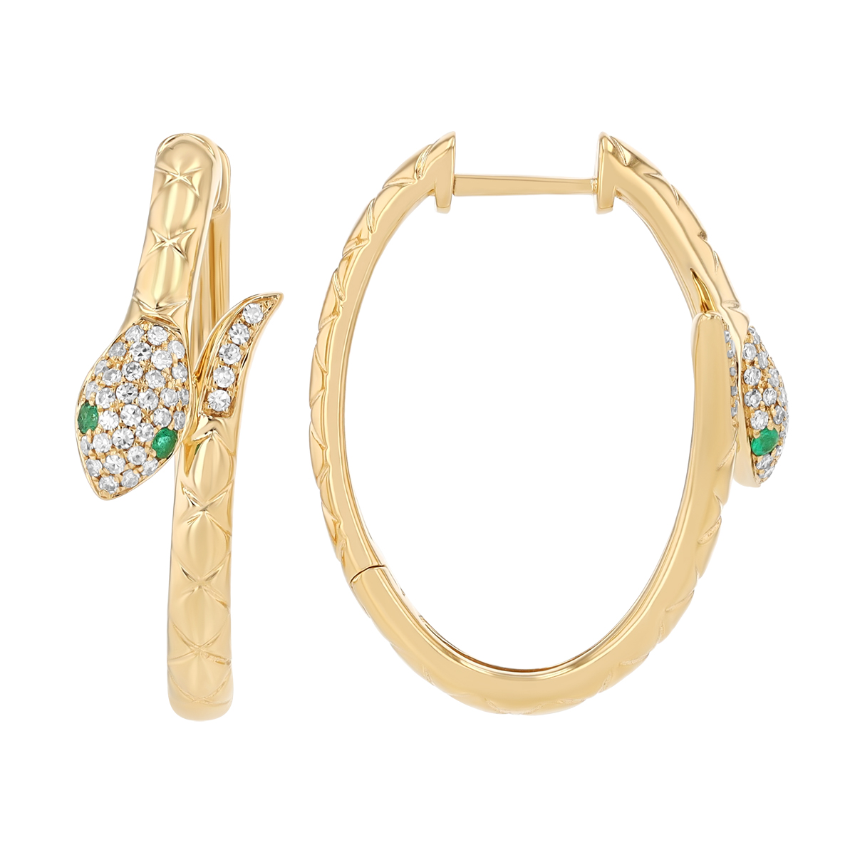 Diamond & Emerald Snake Hoop Earrings in Yellow Gold