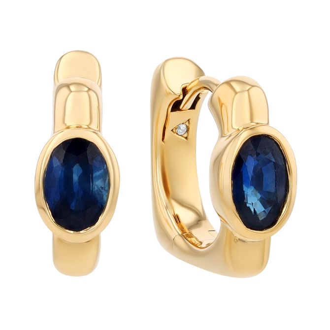 Bezel Set Oval Sapphire Square Hoop Earrings in Yellow Gold