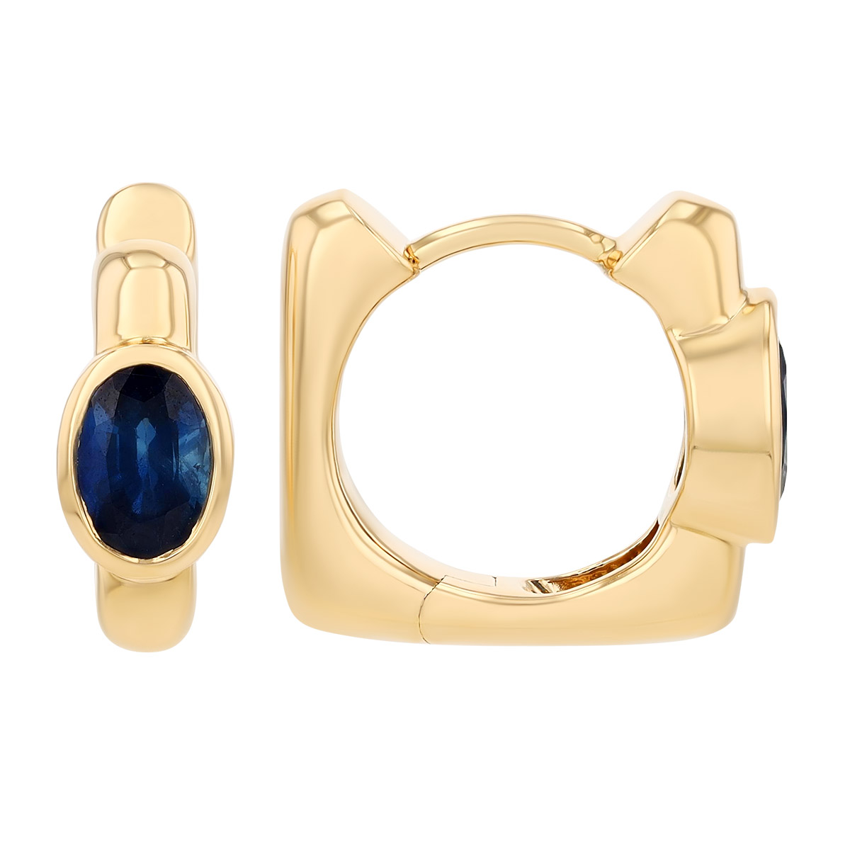 Bezel Set Oval Sapphire Square Hoop Earrings in Yellow Gold