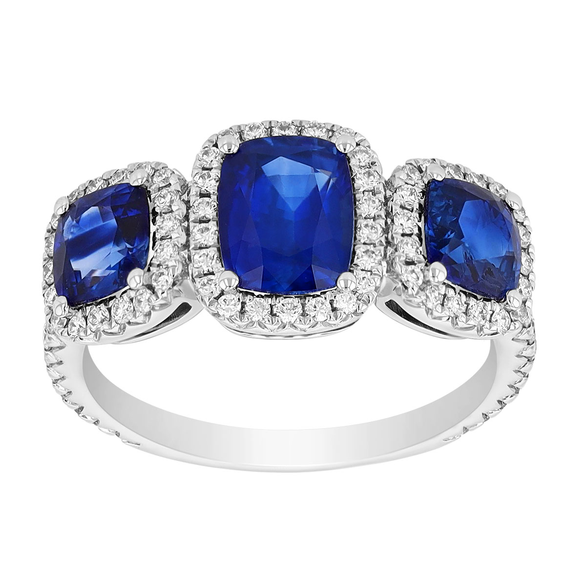 Cushion Cut Sapphire Trio & Diamond Halo Ring in White Gold