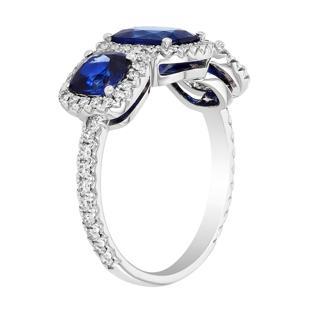 Cushion Cut Sapphire Trio & Diamond Halo Ring in White Gold