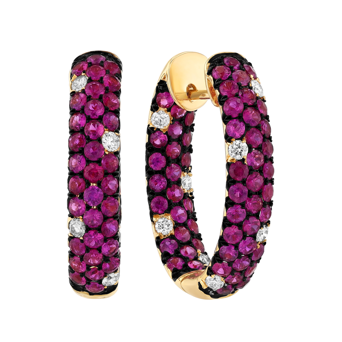 Ruby & Diamond Pave In & Out Hoop Earrings in Yellow Gold
