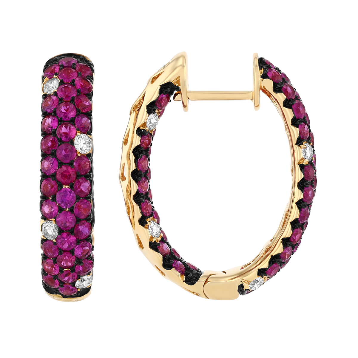 Ruby & Diamond Pave In & Out Hoop Earrings in Yellow Gold