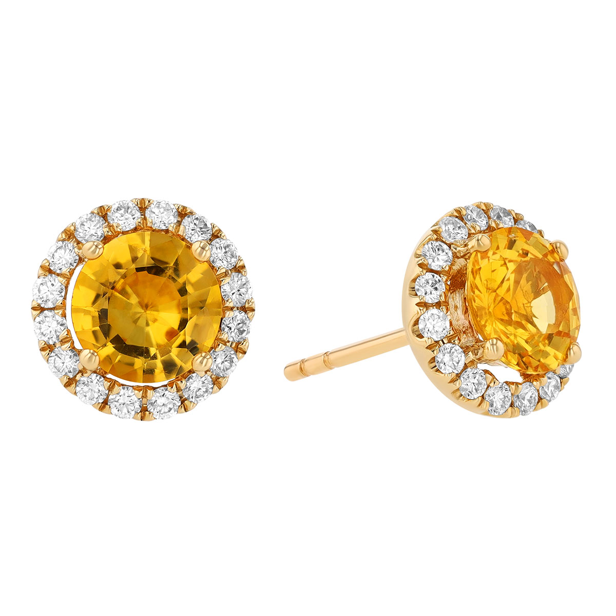 Round Yellow Sapphire & Diamond Halo Stud Earrings in Yellow Gold