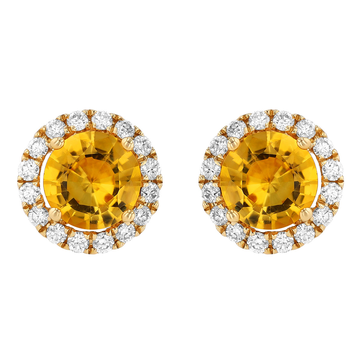 Round Yellow Sapphire & Diamond Halo Stud Earrings in Yellow Gold