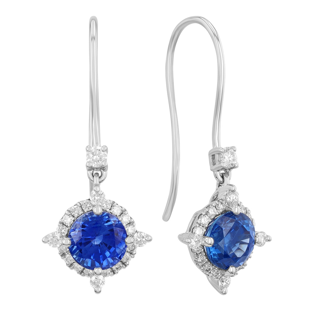 Round Sapphire & Diamond Pointed Halo Drop Earrings in White Gold