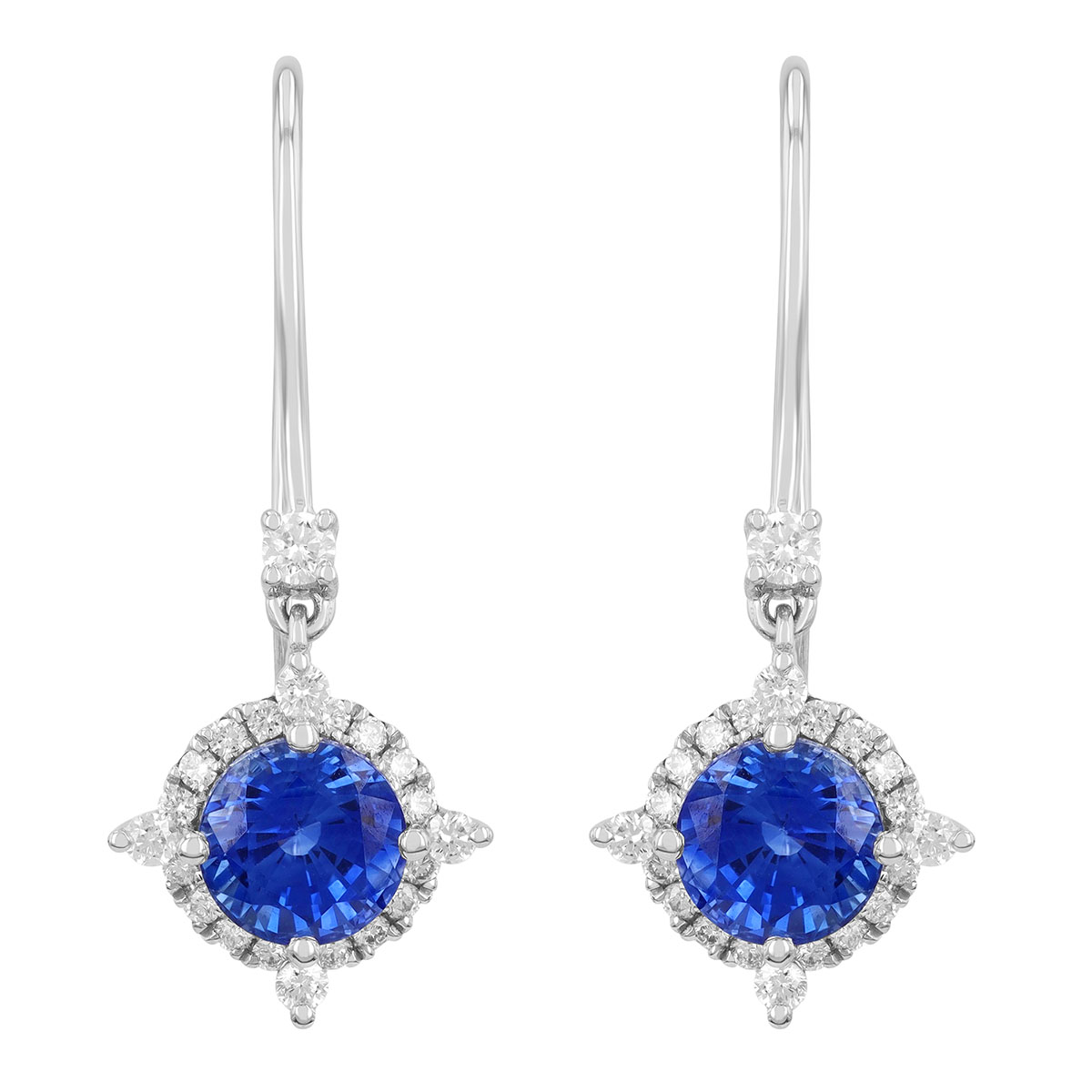 Round Sapphire & Diamond Pointed Halo Drop Earrings in White Gold