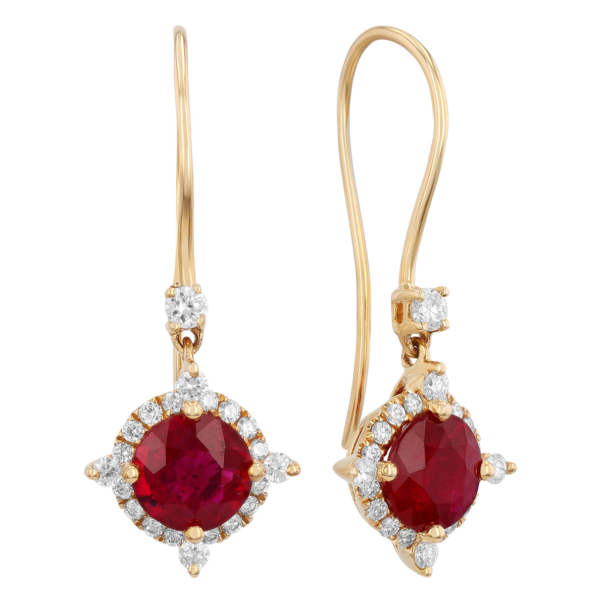 Round Ruby & Diamond Pointed Halo Drop Earrings in Yellow Gold