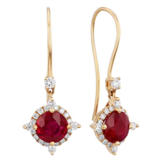 Round Ruby & Diamond Pointed Halo Drop Earrings in Yellow Gold