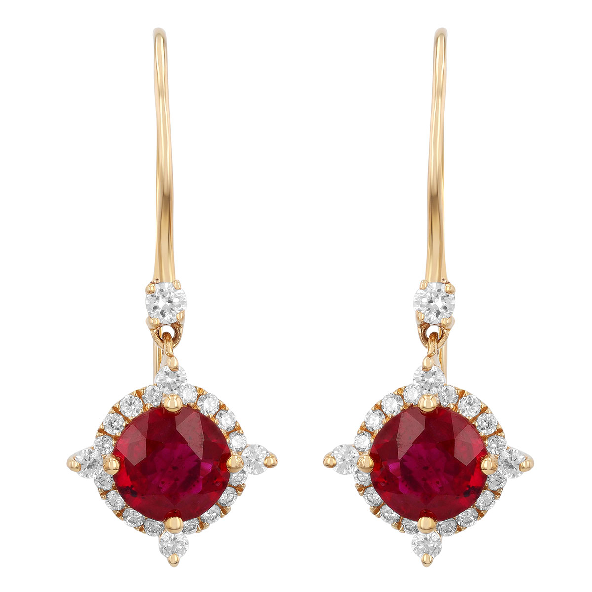 Round Ruby & Diamond Pointed Halo Drop Earrings in Yellow Gold