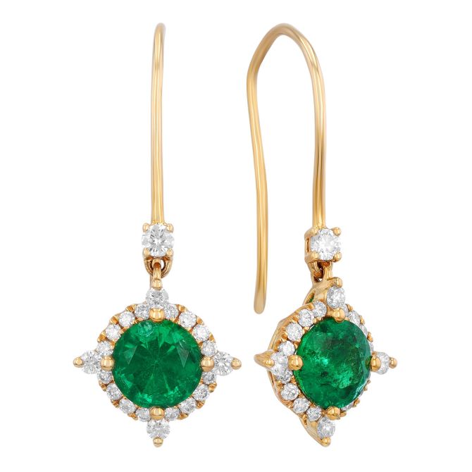 Round Emerald & Diamond Pointed Halo Drop Earrings in Yellow Gold