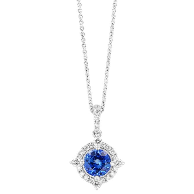 Round Sapphire & Diamond Pointed Halo Pendant in White Gold, 18"
