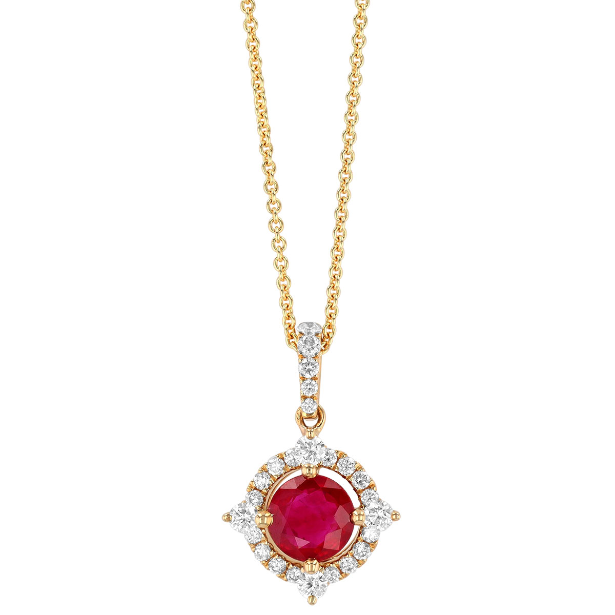 Round Ruby & Diamond Pointed Halo Pendant in Yellow Gold, 18