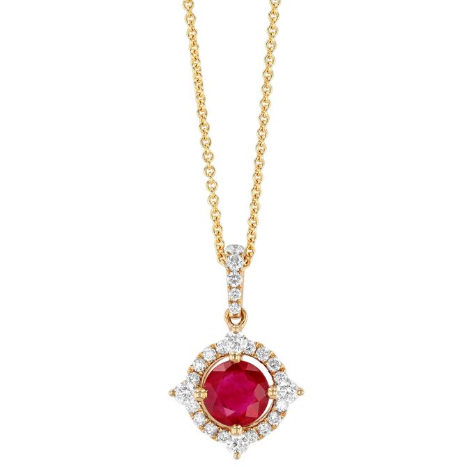 Round Ruby & Diamond Pointed Halo Pendant in Yellow Gold, 18"