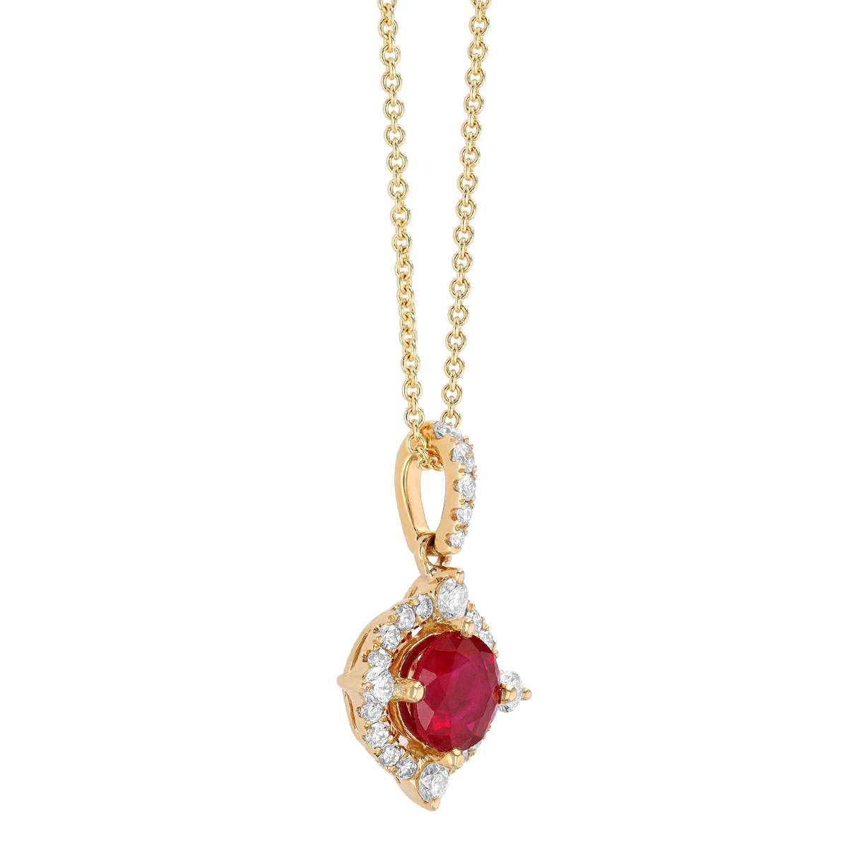 Round Ruby & Diamond Pointed Halo Pendant in Yellow Gold, 18