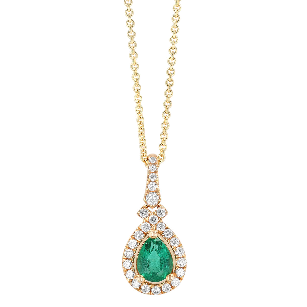 Pear Shape Emerald & Diamond Halo Pendant in Yellow Gold, 18