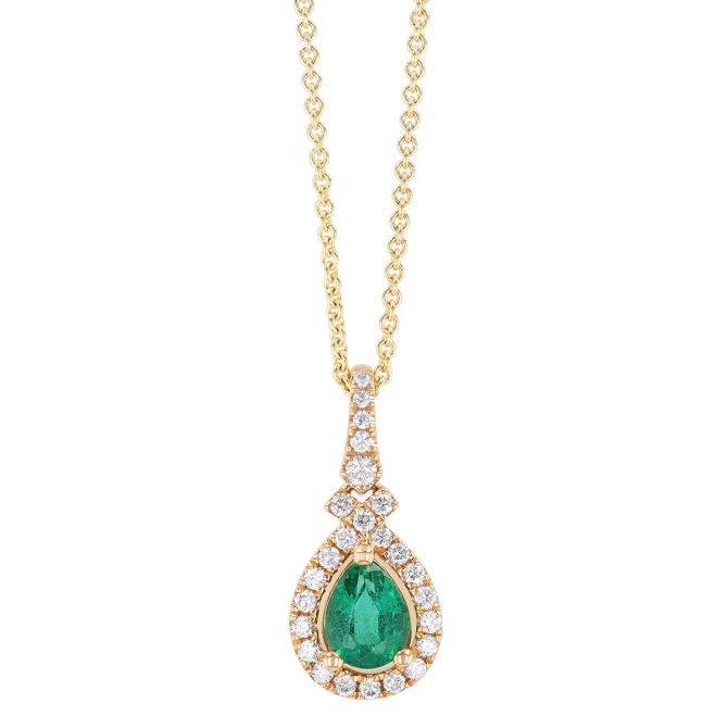Pear Shape Emerald & Diamond Halo Pendant in Yellow Gold, 18"