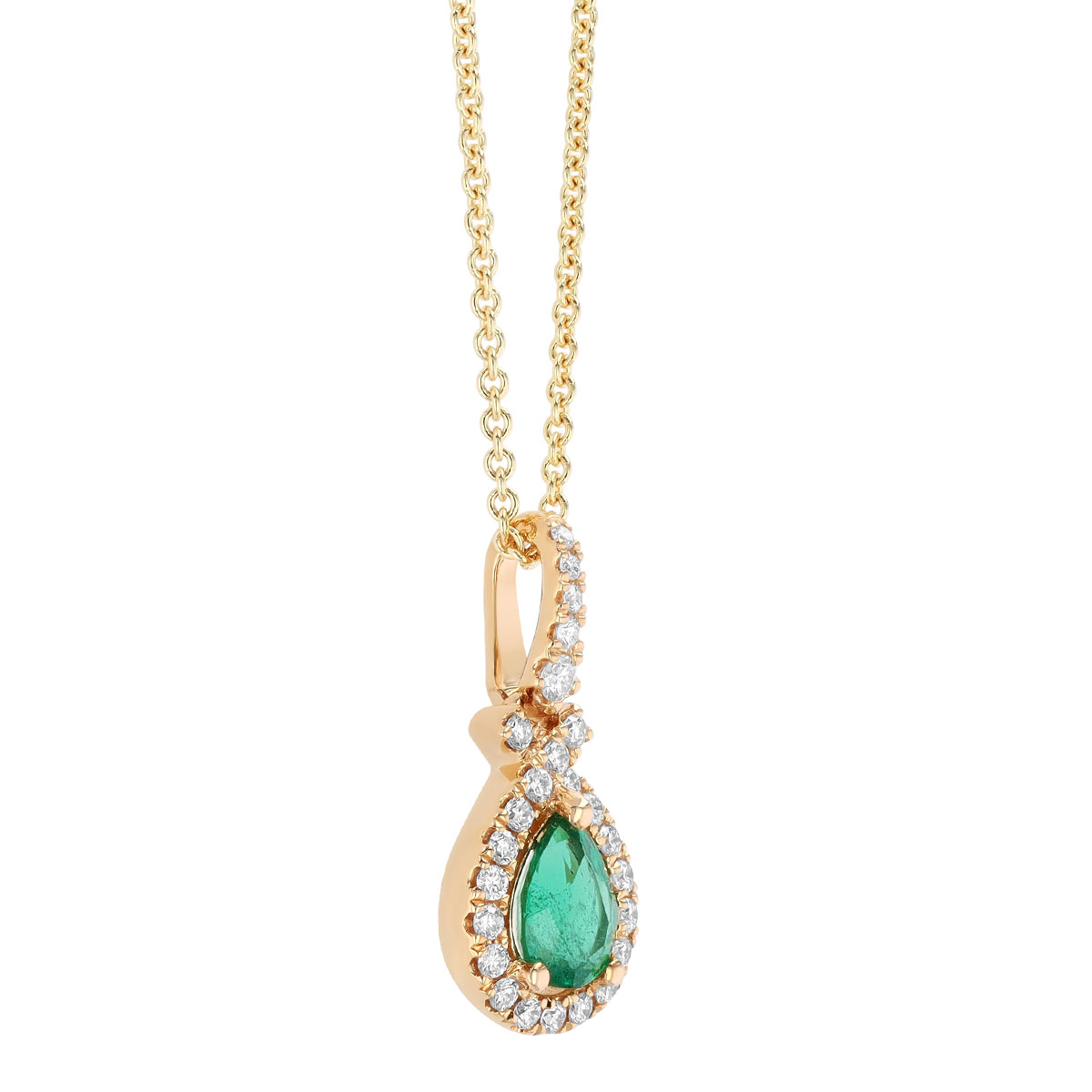 Pear Shape Emerald & Diamond Halo Pendant in Yellow Gold, 18