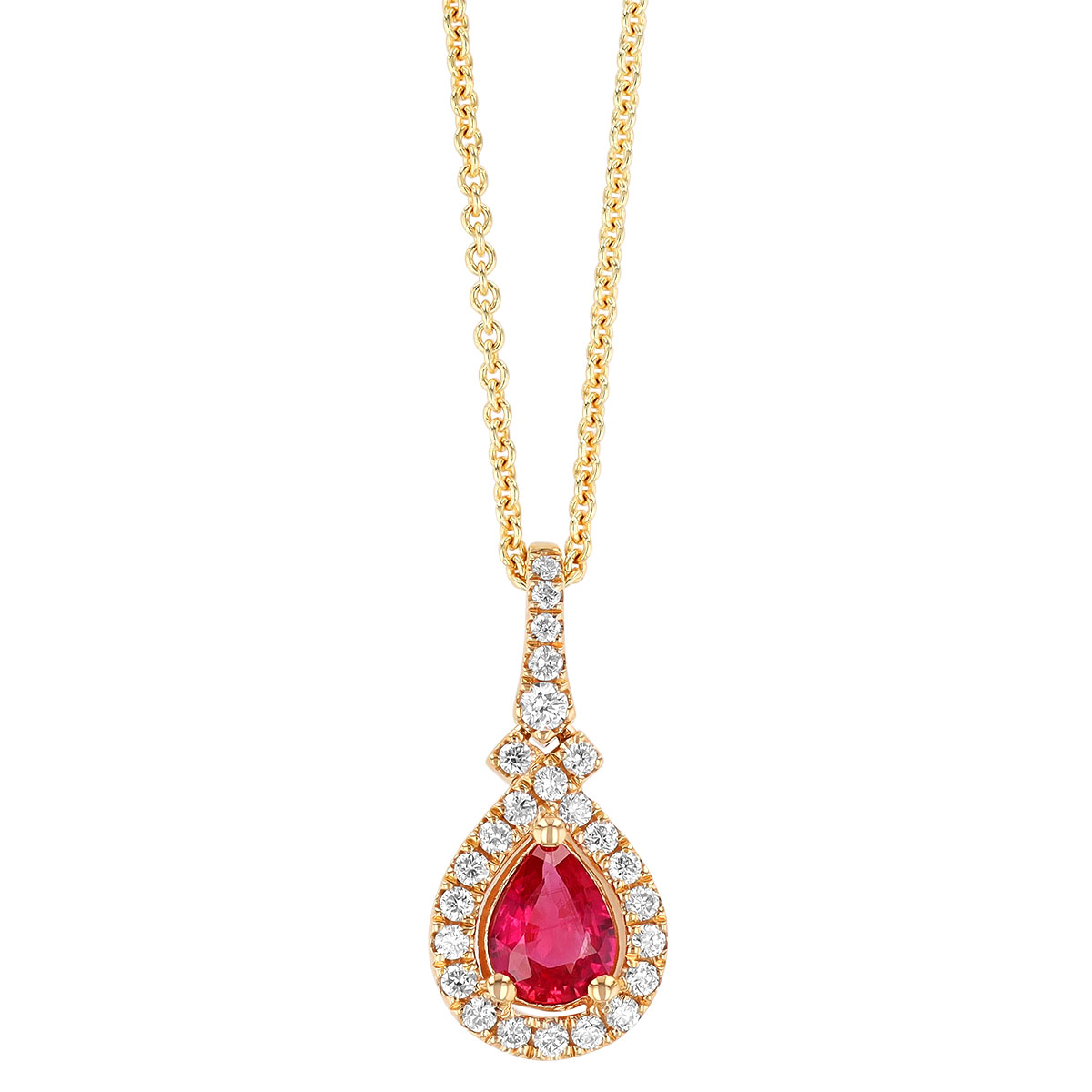 Pear Shape Ruby & Diamond Halo Pendant in Yellow Gold, 18