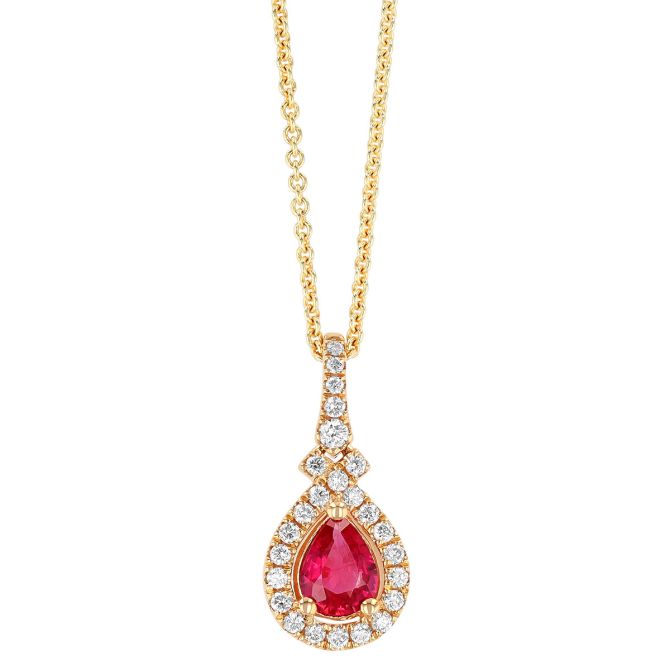 Pear Shape Ruby & Diamond Halo Pendant in Yellow Gold, 18"