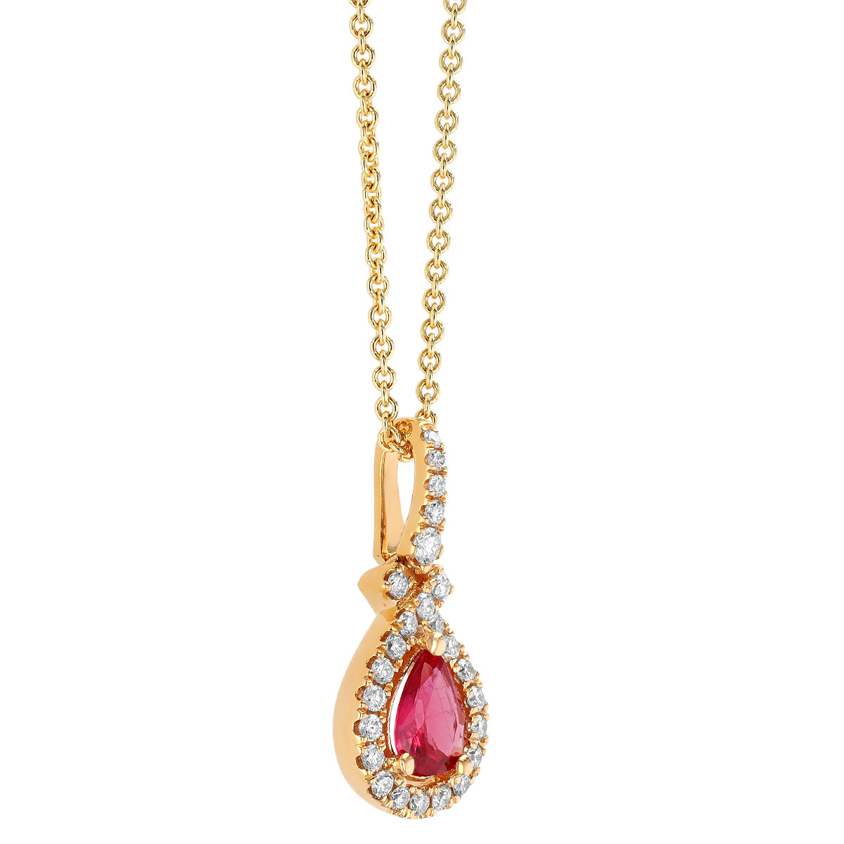 Pear Shape Ruby & Diamond Halo Pendant in Yellow Gold, 18