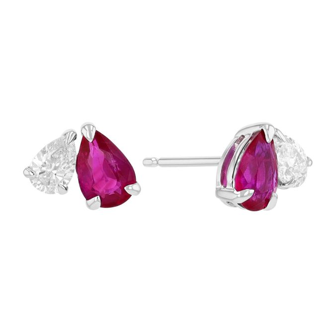 Pear Shape Ruby & Diamond Duo Stud Earrings in White Gold