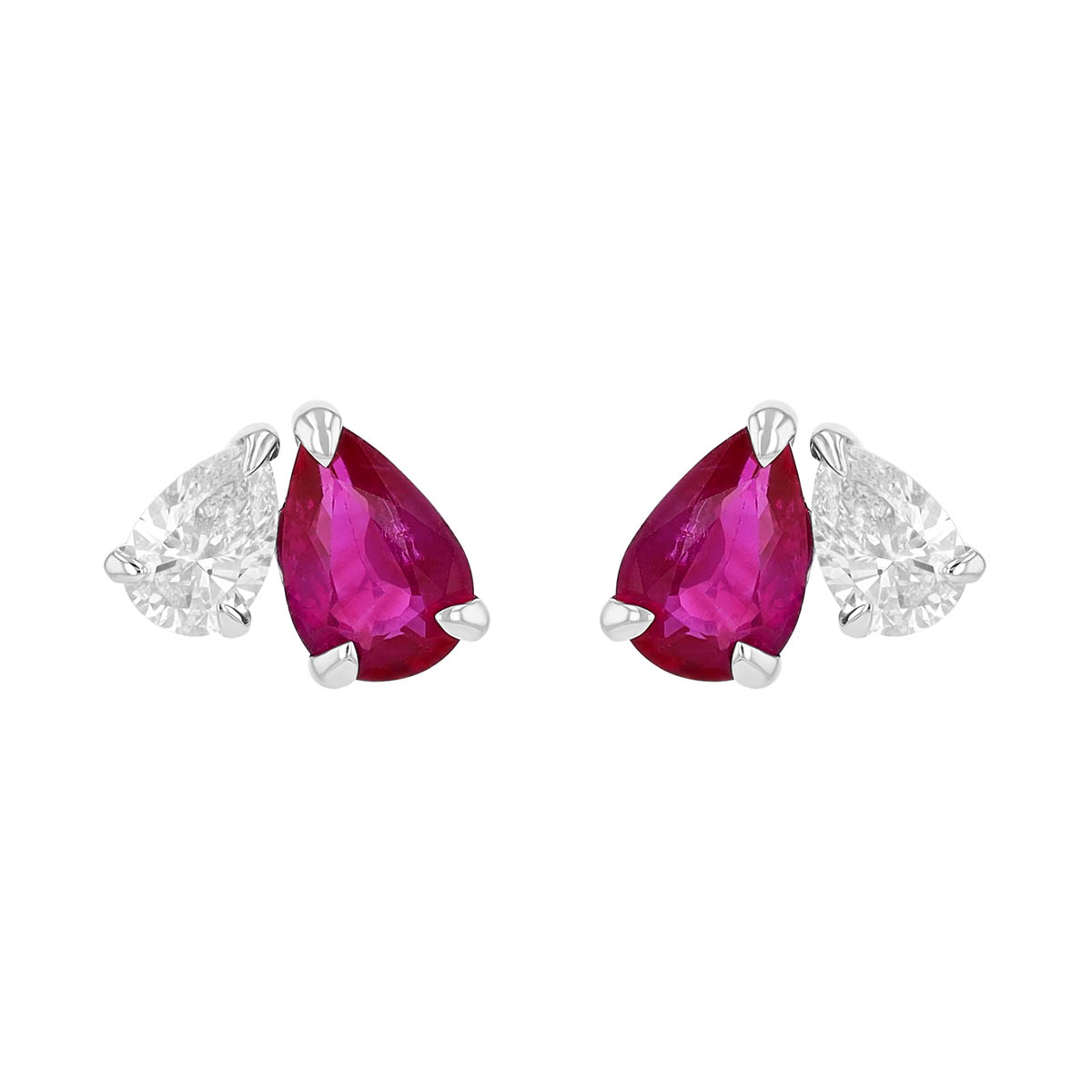 Pear Shape Ruby & Diamond Duo Stud Earrings in White Gold
