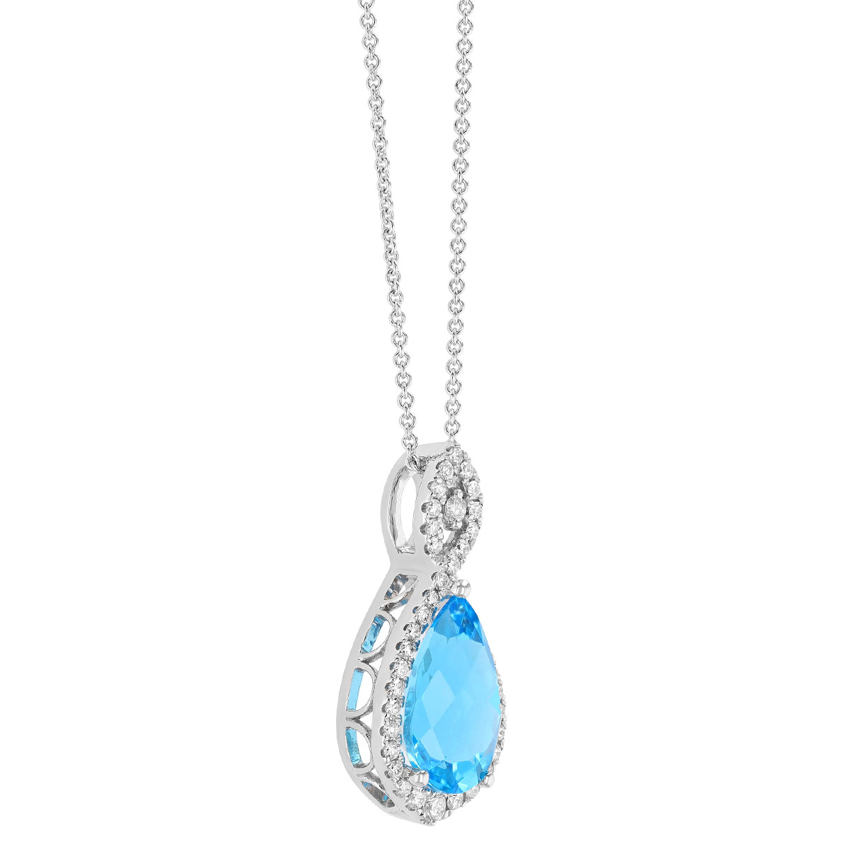 Pear Shape Topaz & Diamond Halo Pendant in White Gold, 18