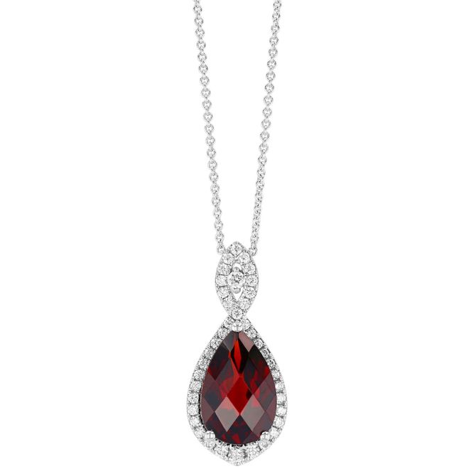 Pear Shape Garnet & Diamond Halo Pendant in White Gold, 18"
