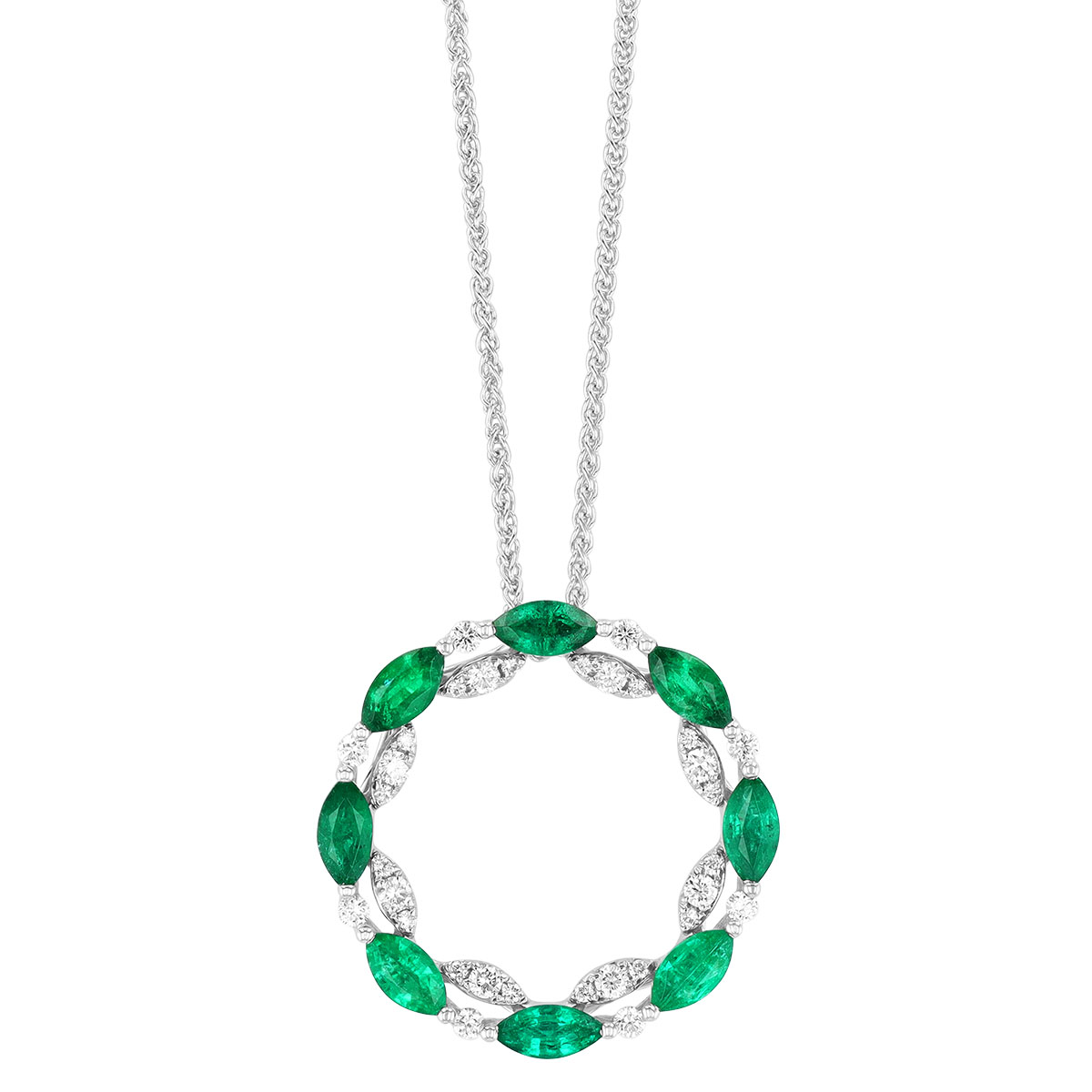 Marquise Emerald & Diamond Open Circle Pendant in White Gold, 18