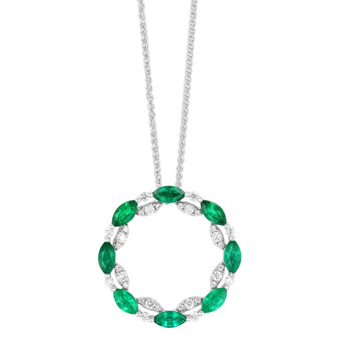 Marquise Emerald & Diamond Open Circle Pendant in White Gold, 18"