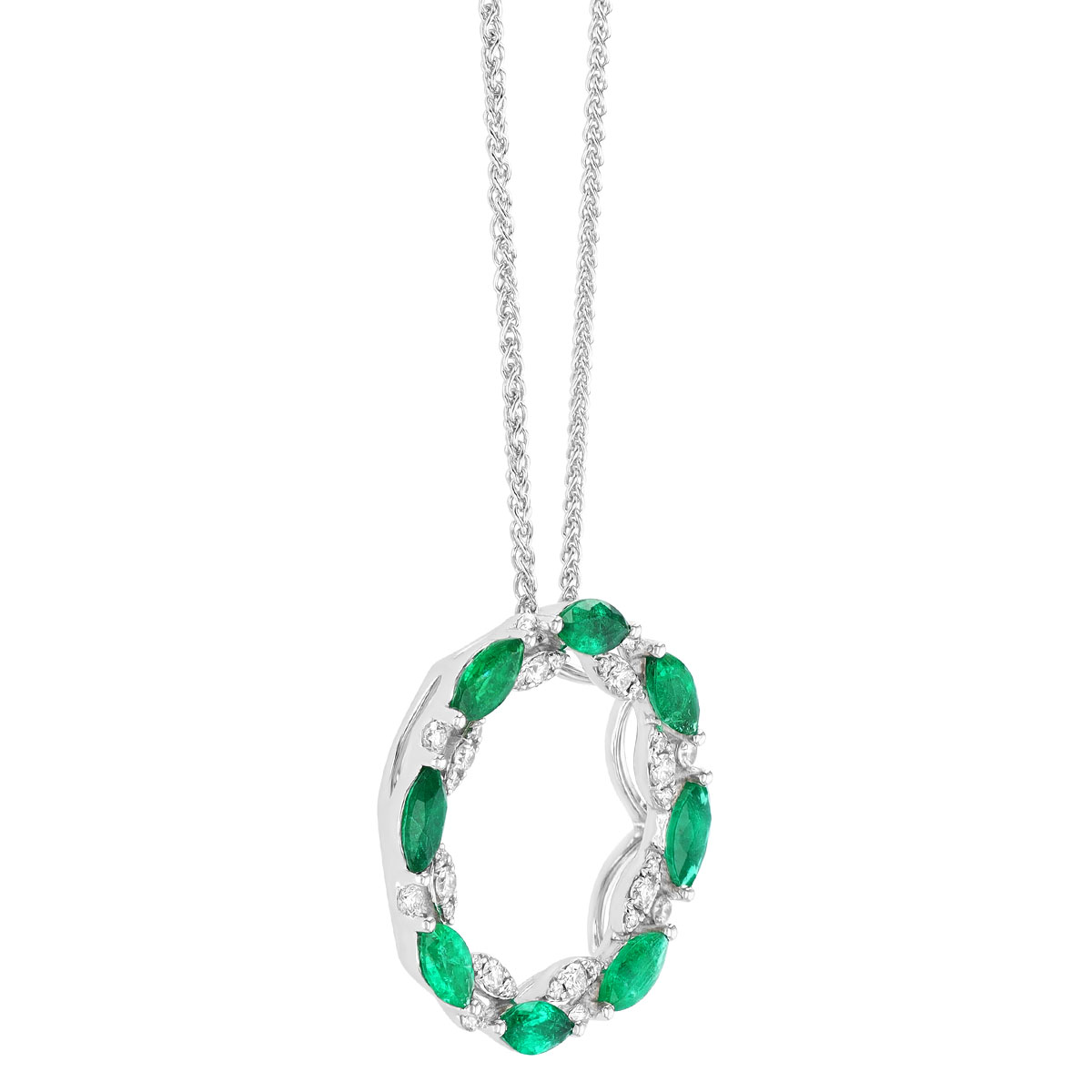 Marquise Emerald & Diamond Open Circle Pendant in White Gold, 18
