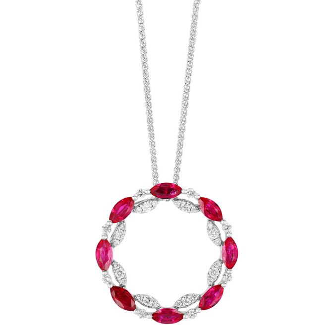 Marquise Ruby & Diamond Open Circle Pendant in White Gold, 18"