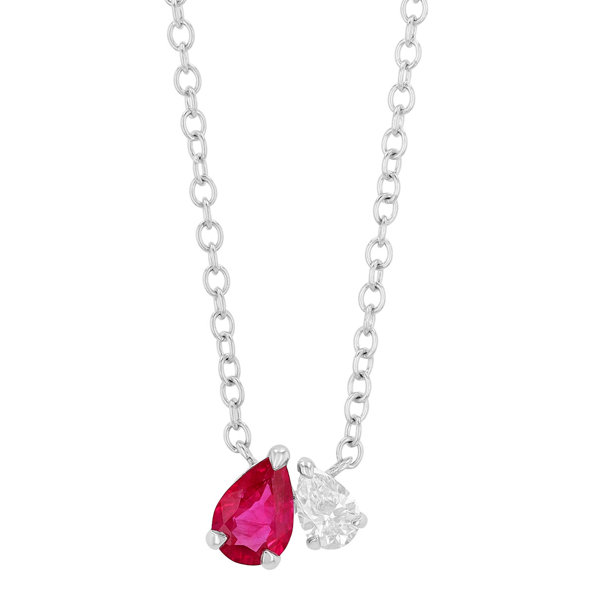 Pear Shape Ruby & Diamond Duo Necklace in White Gold, 18