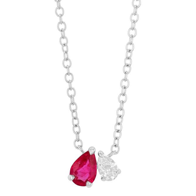 Pear Shape Ruby & Diamond Duo Necklace in White Gold, 18"