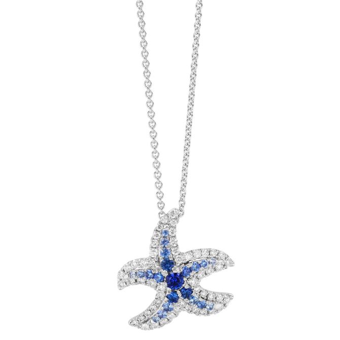 Sapphire & Diamond Starfish Pendant in White Gold, 18"