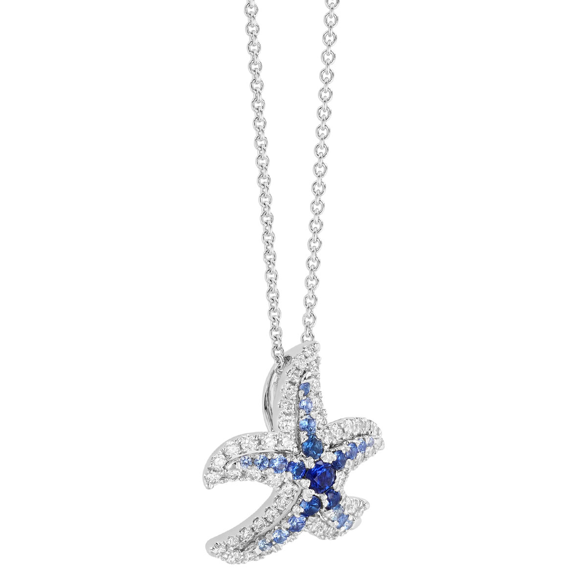 Sapphire & Diamond Starfish Pendant in White Gold, 18