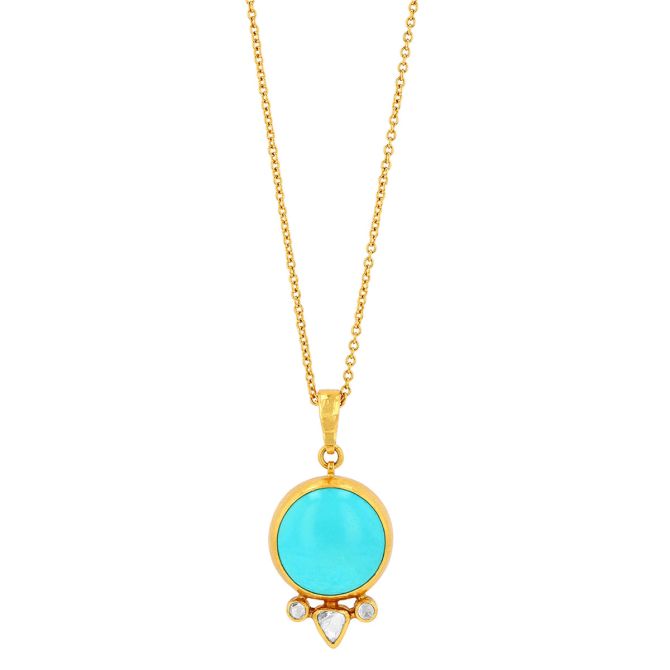 Gurhan Cabochon Turquoise & Rose Cut Diamond Trio Pendant in Yellow Gold, 18"