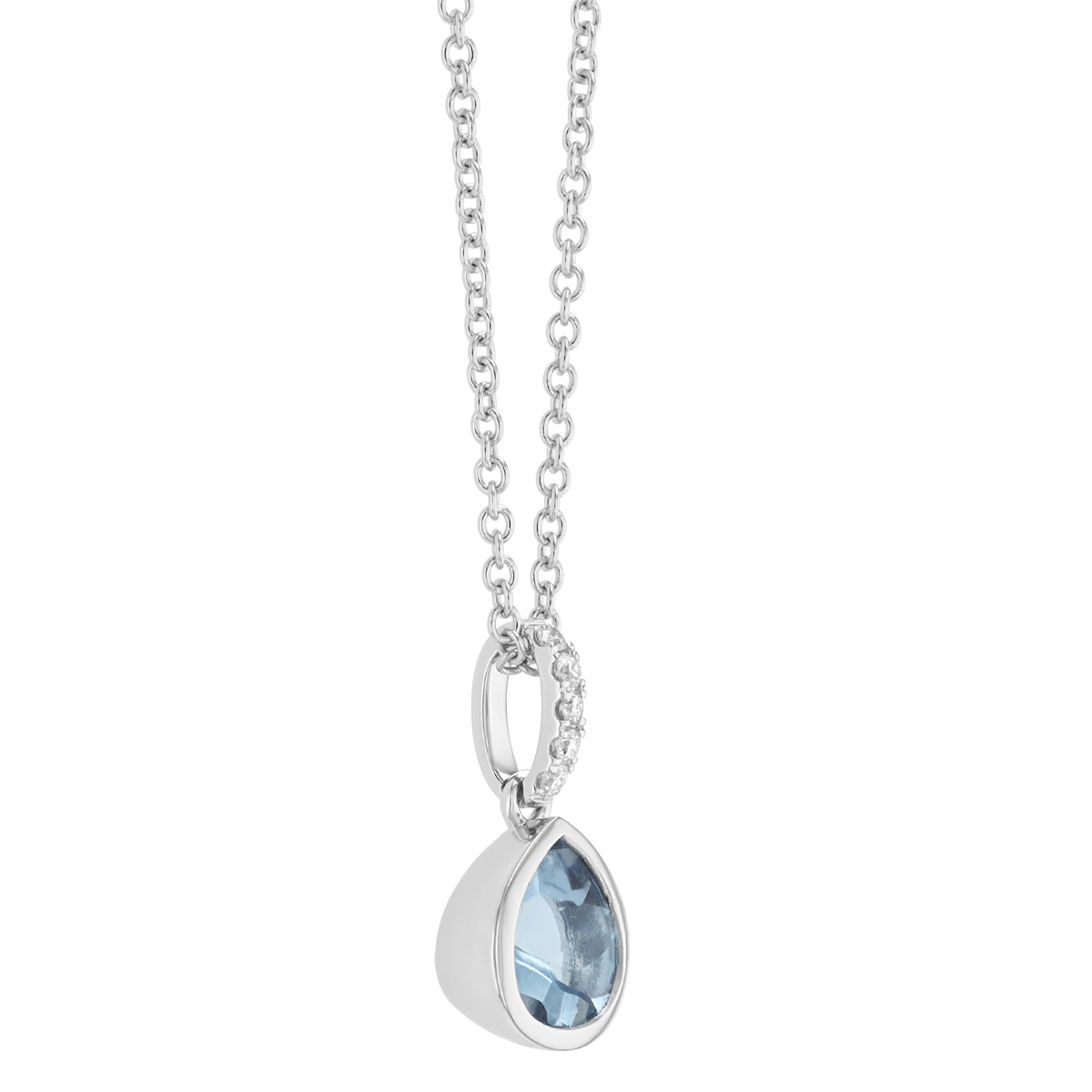 Bezel Set Pear Shape Aquamarine & Diamond Pendant in White Gold, 18